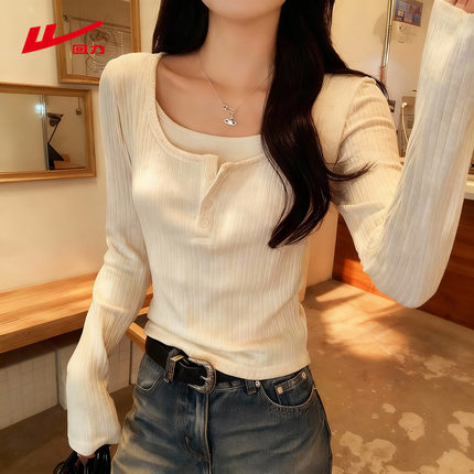 ZH回力白色内搭打底衫上衣女款2026春秋季新款修身纽扣长袖t恤