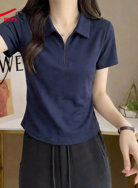 ZH回力藏青色POLO领短袖t恤女2026新款夏季褶皱短款显瘦半袖女