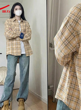 ZH回力春秋新款美式复古设计感上衣蓝白格纹兜兜下摆长袖衬衫女