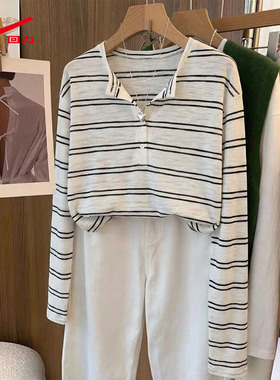 ZH回力亨利领长袖罩衫女2026新款春秋季正肩显瘦小个子t恤上衣