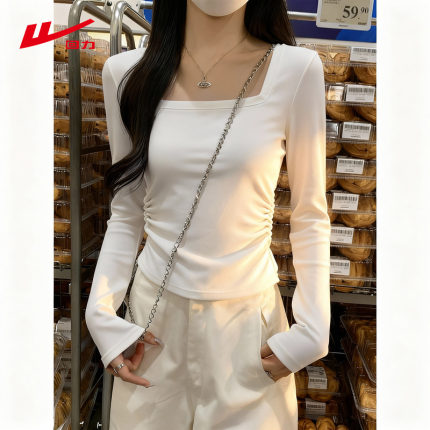 ZH回力方领长袖t恤女白色内搭春秋2026新款修身今年女士打底衫