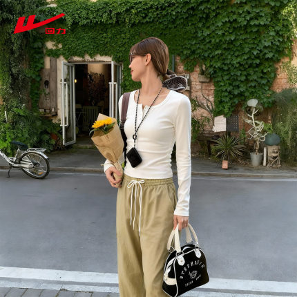 ZH回力长袖t恤女2026新款春秋白色紧身收腰显瘦亨利领百搭上衣