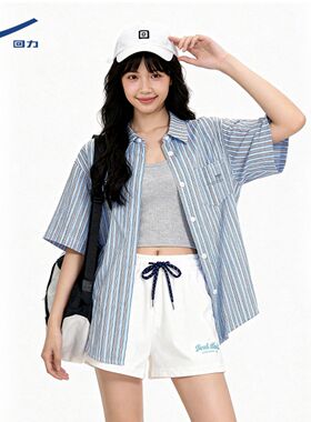 回力短袖衬衣女春夏2026新款韩系百搭外搭上衣蓝条纹透气薄衬衫DD