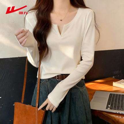ZH回力V领长袖t恤女2026新款春秋季设计感小众时尚别致正肩上衣