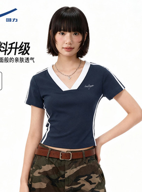 回力藏蓝色V领短袖t恤女正肩2026新款修身显瘦短款上衣半袖体恤DD