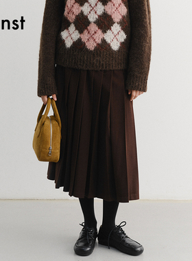 Dunst2025冬季新品女士半身裙简约干练褶裥装饰长裙UDSK5D221