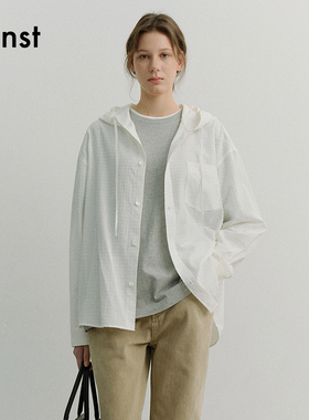 Dunst2026春季新品中性款经典宽松休闲白色格纹连帽衬衫UDSH6A107