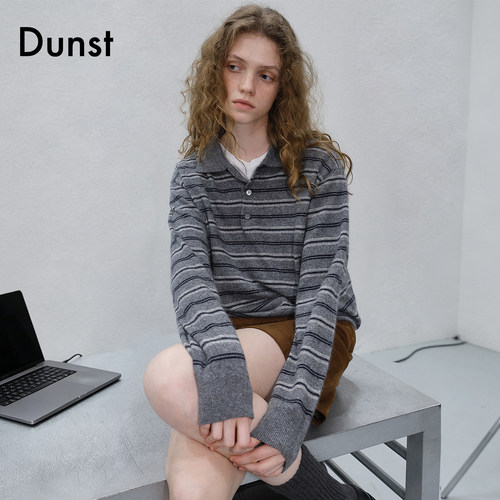 Dunst2026秋季新品中性款毛衣撞色条纹休闲翻领针织衫UDSW6C115
