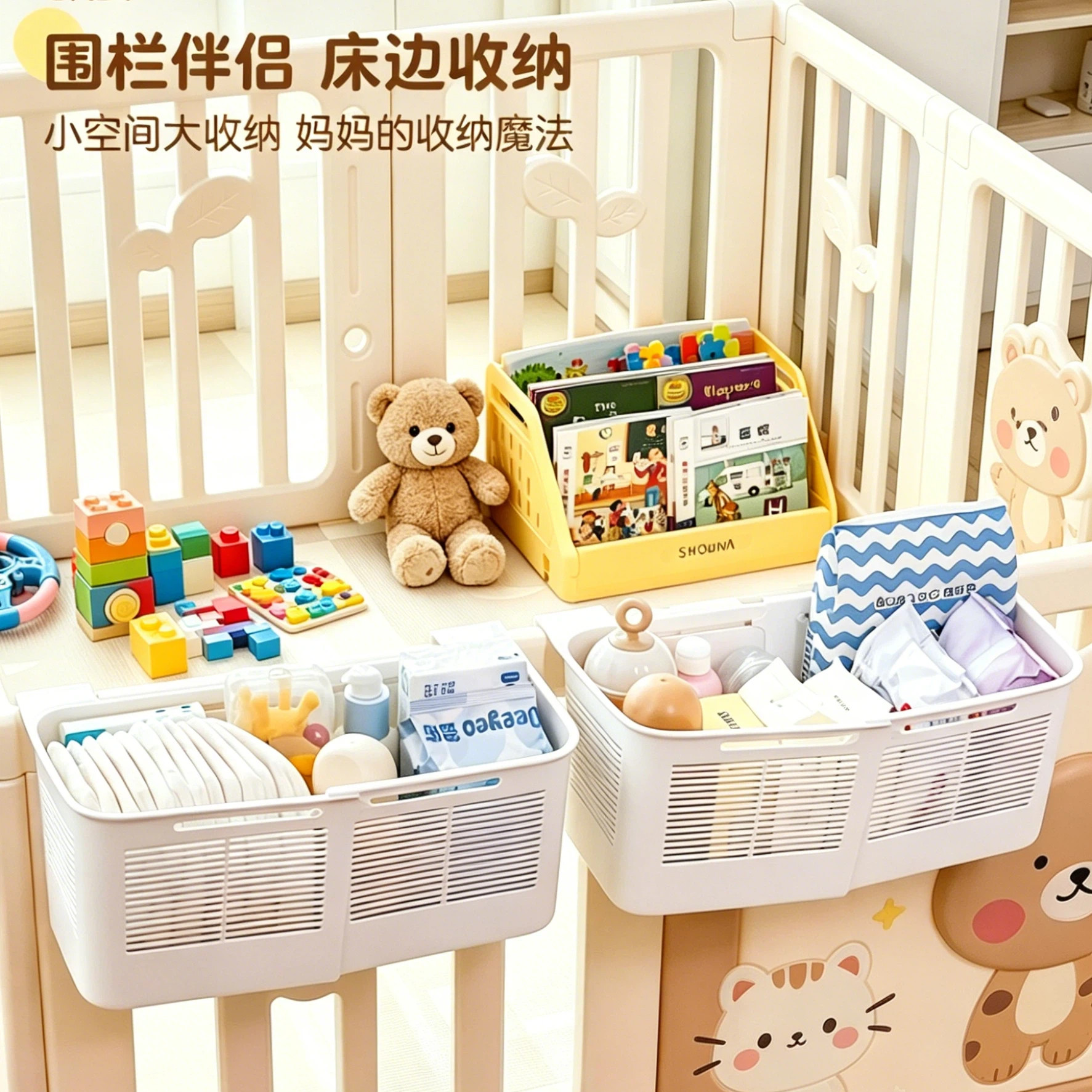 爬爬垫围栏收纳婴儿床边挂篮床挂图片
