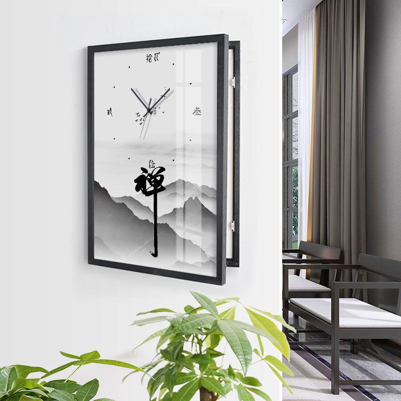新中式电表箱装饰画带钟表时钟配电箱遮挡箱电闸盒挂画竖版免打孔