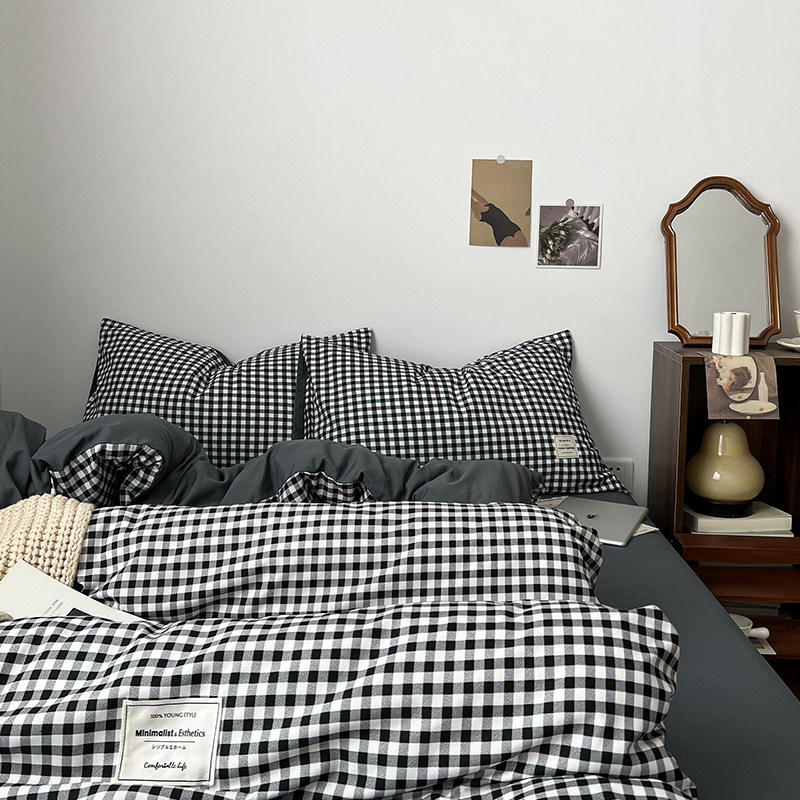 ins格子四件套水洗棉1.8床上用品被套床单床笠被罩学生宿舍三件套