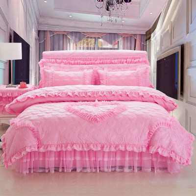 公主风床裙四件套韩式花边纯色加棉加厚床罩蕾丝床单被套婚庆粉色