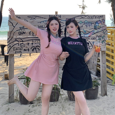 分体泳衣女保守大码胖mm200斤温泉泡汤圆领平角微胖女孩遮肉显瘦