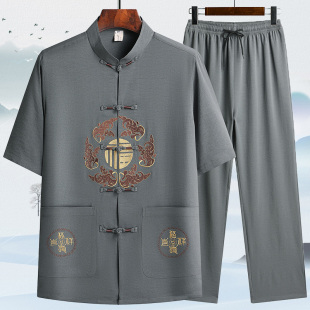 短袖 套裝 男士 爸爸夏裝 父親中國風(fēng)老年人爺爺生日漢服 亞麻唐裝 夏季
