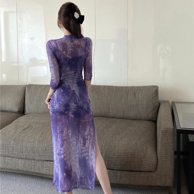复古中国风年轻改良旗袍女舞蹈服弹力修身包臀开叉性感气质连衣裙