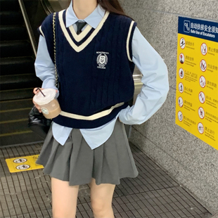 复古背心慵懒V领打底毛衣潮 学院风针织马甲女早秋小个子叠穿美式
