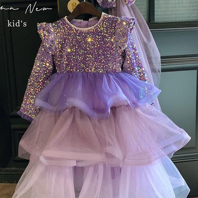 高端女童公主裙秋冬2024新款儿童女宝洋气亮片生日礼服蓬蓬蛋糕裙