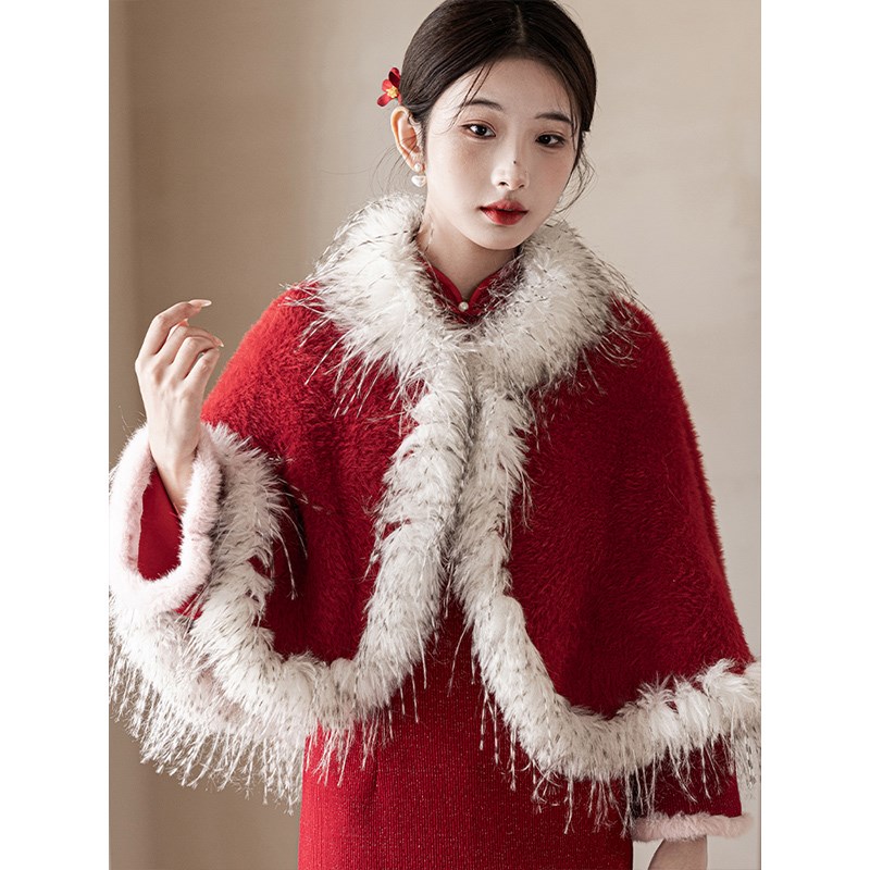 红色敬酒服旗袍毛披肩新娘披风结婚婚礼外搭斗篷外套加绒加厚冬季
