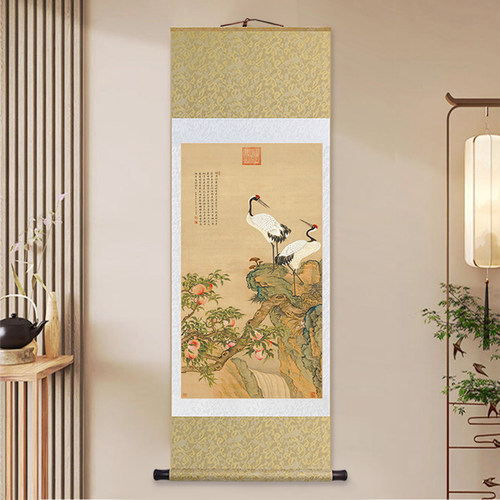 邹一桂蟠桃双鹤图中式客厅玄关装饰画仙鹤卷轴挂画办公室茶室壁画