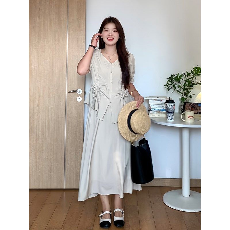 微胖的喵喵梨形适合胖mm的大码套装夏季显瘦衬衫半身裙两件套3147