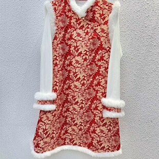 胖妹妹2023秋冬新款大码套装新中式国风两件套盘扣显瘦马甲打底裙