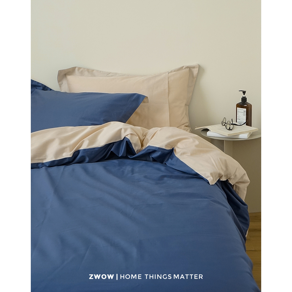 造卧zwow春夏100支长绒棉高密度蓝色AB面撞色纯棉全棉床品四件套