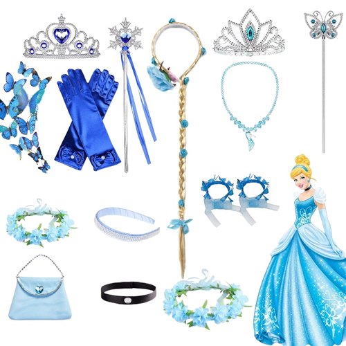 灰姑娘女童公主蓝色皇冠魔法棒假发发箍发饰包包蝴蝶别针生日礼物