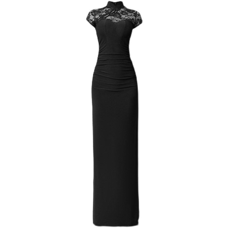 修身显瘦性感短袖晚礼服长款包臀复古蕾丝长裙纯黑色女士平时可穿