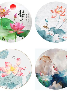 水墨禅意荷花圆形挂画莲叶锦鲤墙画客厅晶瓷画玄关壁画餐厅布画