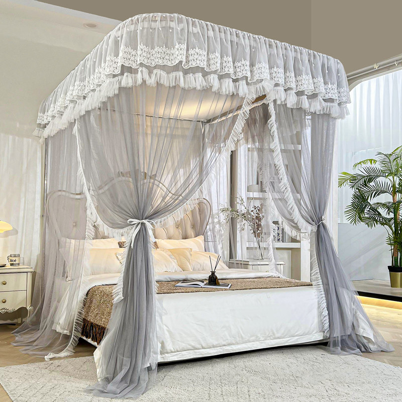 新款导轨U型轨道蚊帐家用卧室三开门公主风床幔落地支架加密纹账