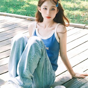 新款 深蓝色撞色短袖 吊带背心小上衣2024夏季 t恤女生修身 纯棉短款