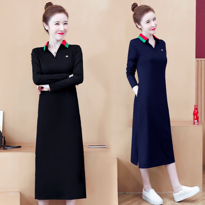 春秋款polo连衣裙女直筒大码显瘦长袖过膝休闲中长款卫衣裙t恤女