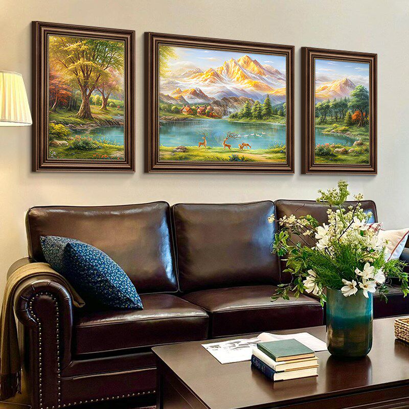 聚宝盆山水客厅装饰画沙发背景墙挂画2025新款轻奢高级感三联壁画
