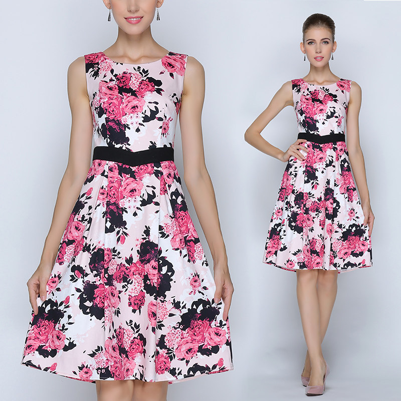 高端大码无袖红花裙子春秋纯棉v碎花轻奢背心连衣裙女夏2021新款