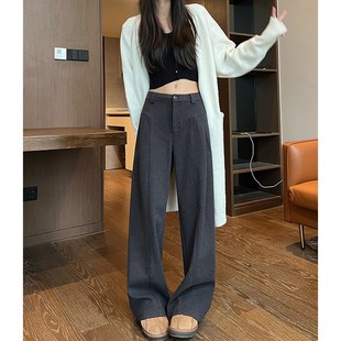 灰色加绒西装阔腿裤女秋冬款季羊毛香蕉镰刀弯刀裤高腰休闲直筒裤