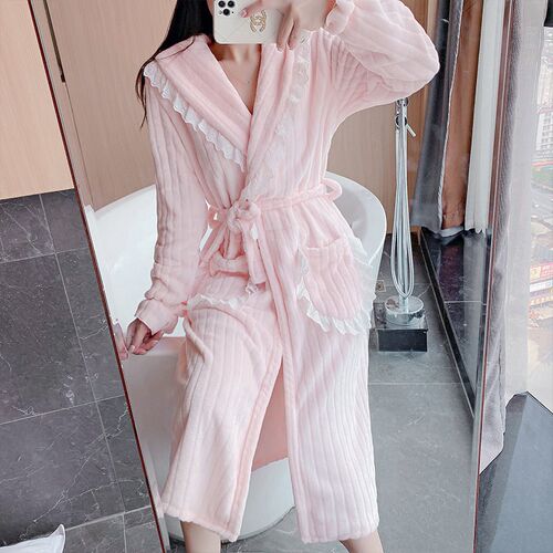 粉色睡袍冬款女秋冬季长款女款加绒加厚珊瑚绒睡衣裙浴袍揭阳网红