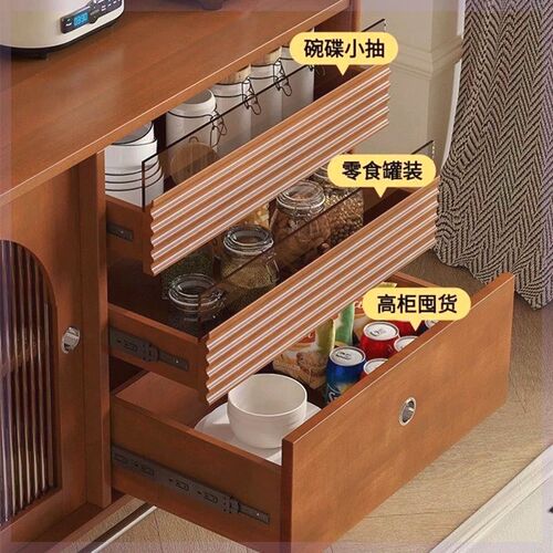 复古餐边柜实木储物柜客厅一体中古色收纳柜子茶水柜玄关玻璃酒柜