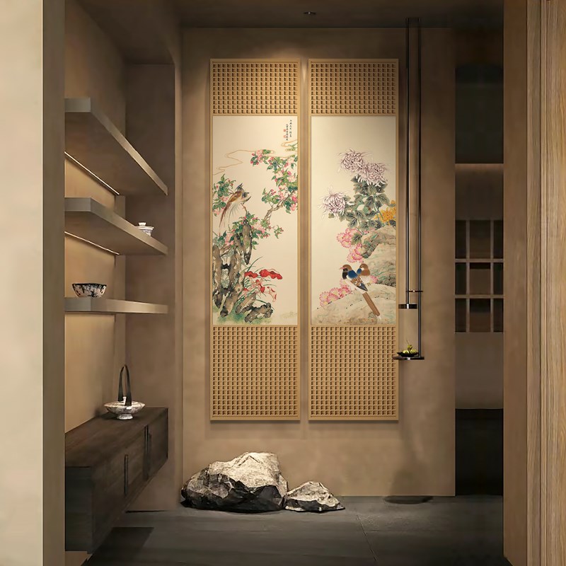 新中式入户玄关装饰画酒店走廊过道花鸟立体画茶室木雕长条挂画