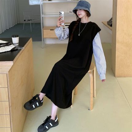 假两件衬衫针织连衣裙女秋冬新款大码宽松显瘦中长款打底毛衣长裙