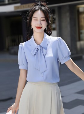 小个子短袖衬衫女白色夏季抗皱免烫蝴蝶结飘带职业面试雪纺衬衣