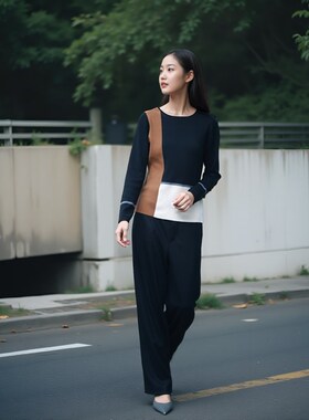 23qu黑色羊毛呢直筒长裤高腰松紧腰阔腿裤西装裤子女秋冬款高级感