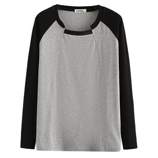 拼接插肩长袖t恤女大码宽松打底衫秋季2023新款设计感中长款上衣