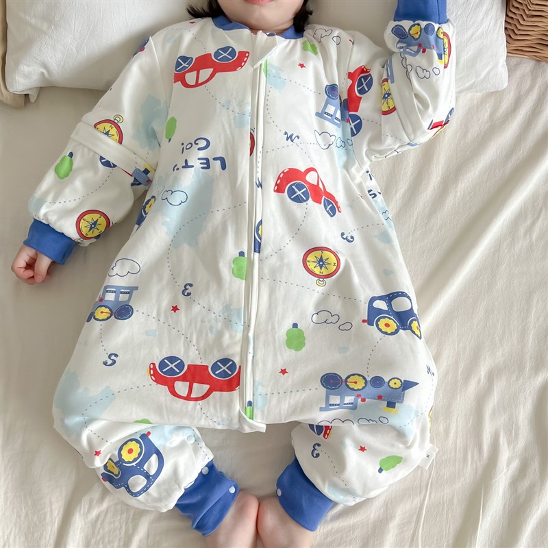 宝宝纯棉小汽车睡袋秋冬儿童恒温可拆袖连身睡衣裤腿按扣款防踢被