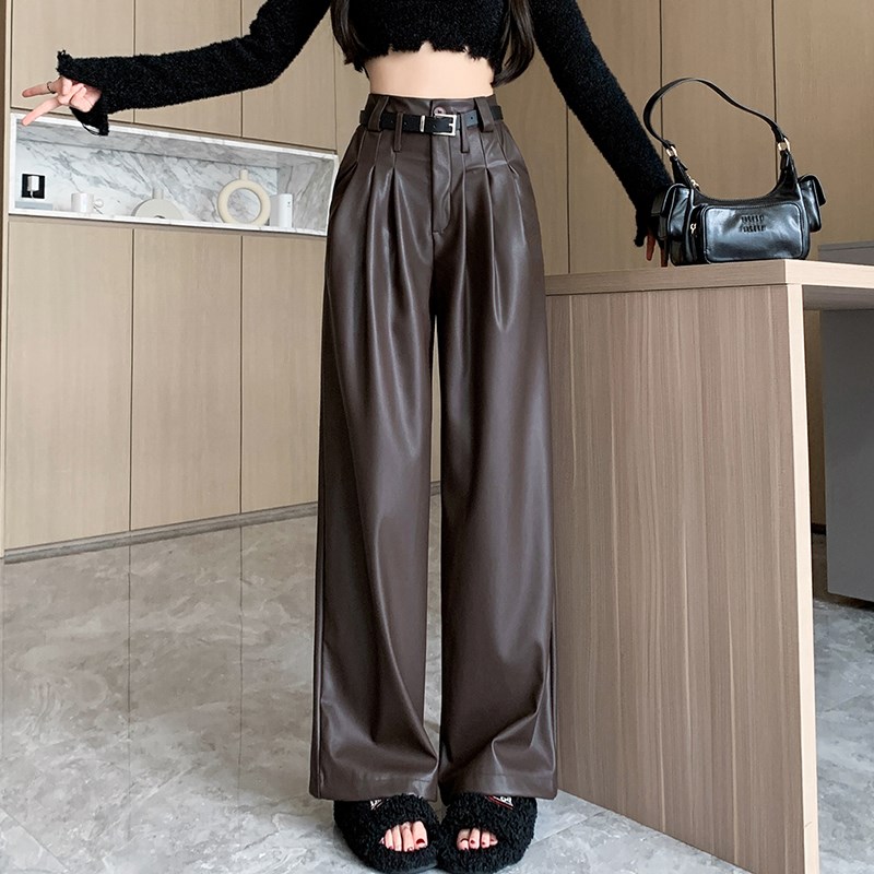 个性pu皮裤子阔腿裤女春装2024新款韩版直筒宽松拖地长裤休闲裤子