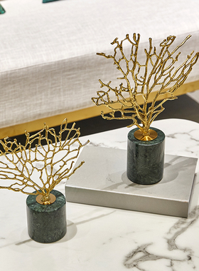 美式现代简约铜制金色珊瑚摆件 样板间客厅墨绿大理石工艺品装饰