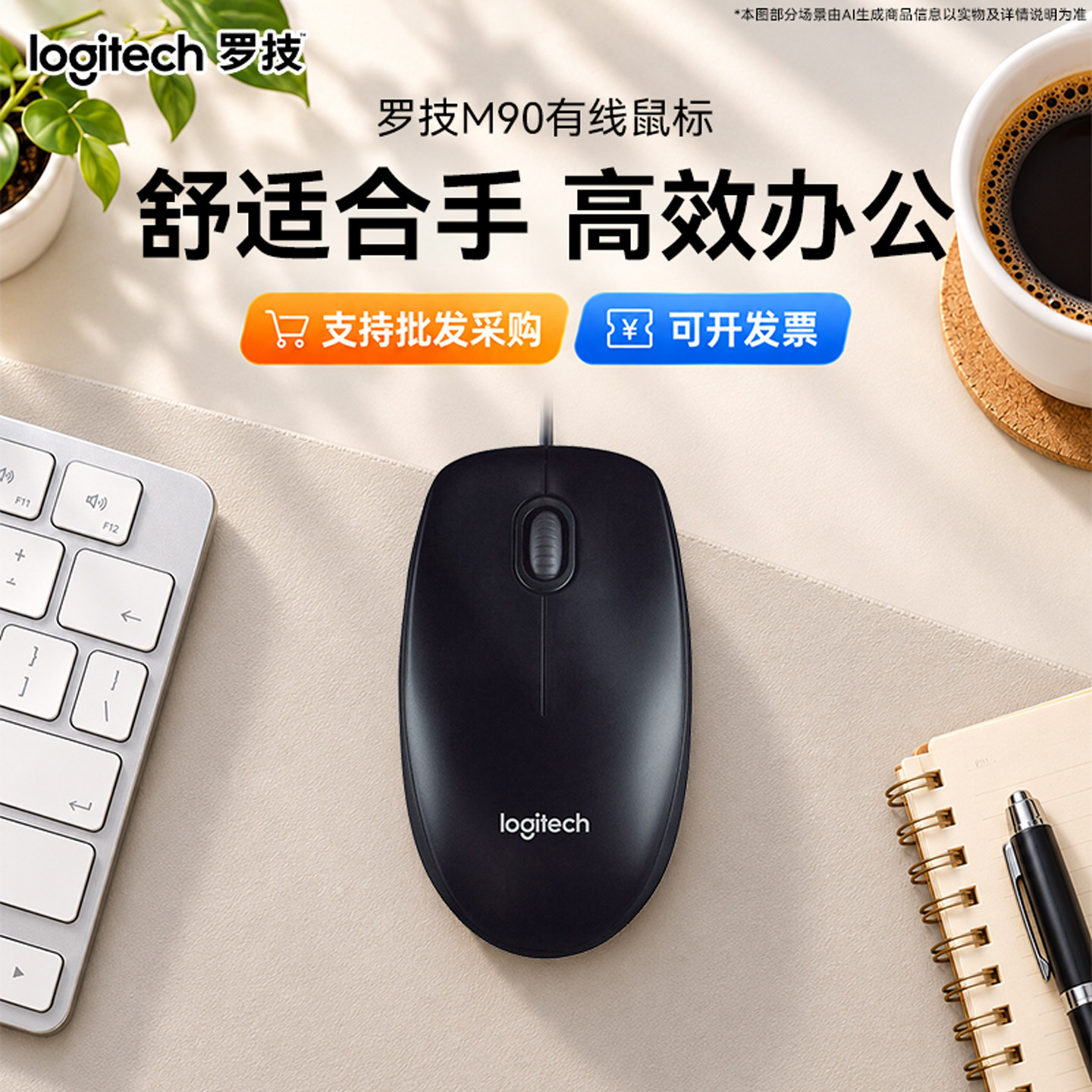 罗技M90有线鼠标商务办公台式机笔记本电脑通用对称轻批发专票