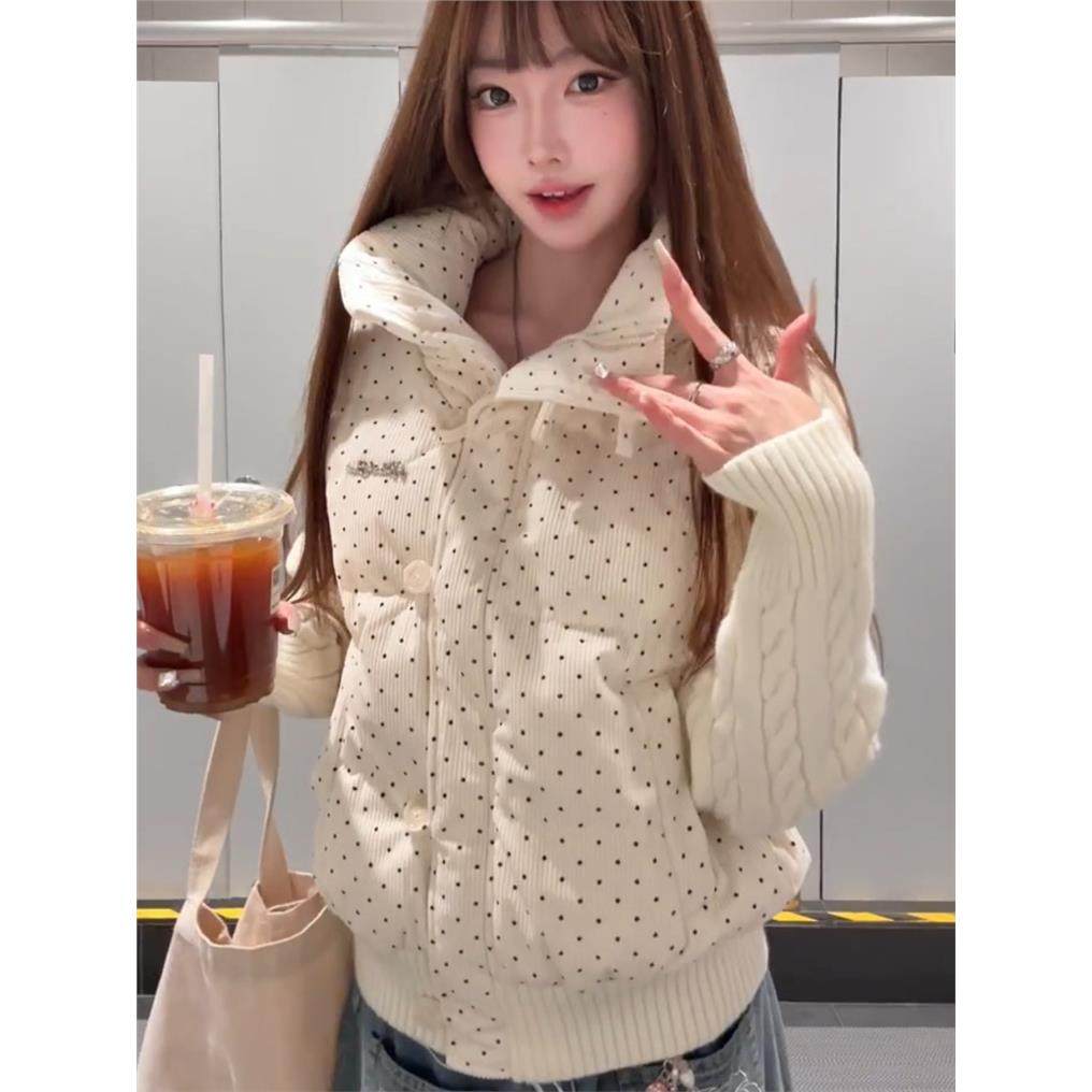 韩系甜美波点针织拼接长袖棉服外套女冬季宽松加厚短款保暖面包服,个性定制/设计服务/DIY,棉服工装,淘宝优惠券,粉丝福利购,淘宝优惠卷