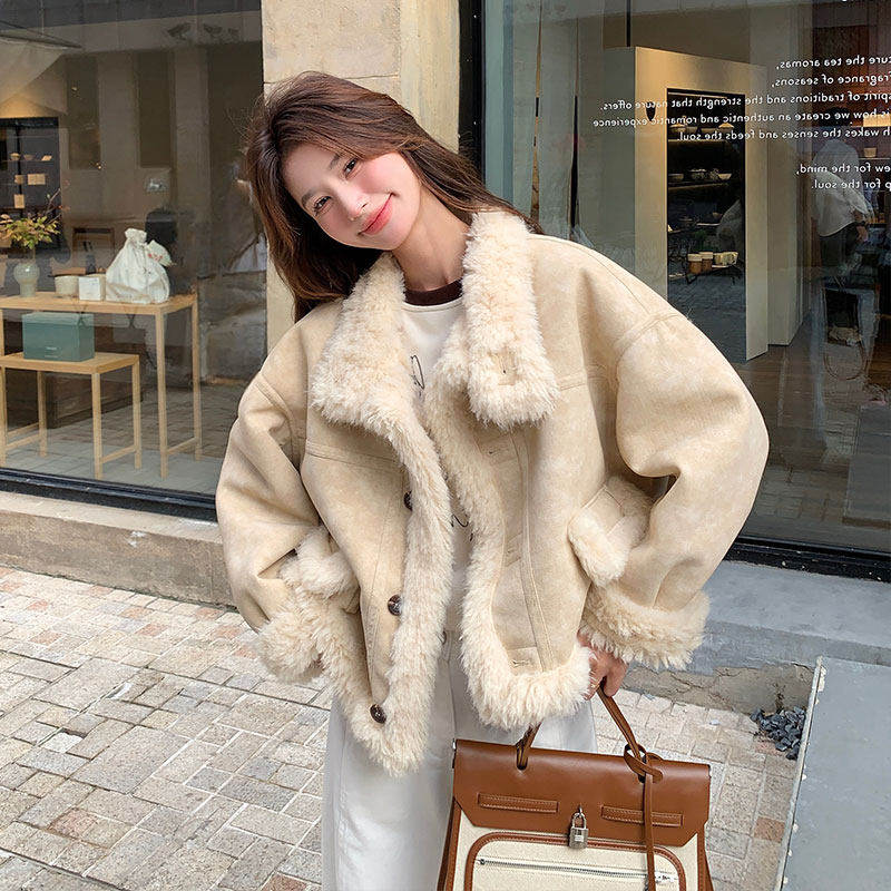 米黄色高级感羊羔毛短外套女2024冬季小个子气质保暖皮毛一体棉服,个性定制/设计服务/DIY,棉服工装,淘宝优惠券,粉丝福利购,淘宝优惠卷