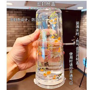 双层隔热玻璃杯女生高颜值耐高温大容量吸管杯防烫办公室泡茶水杯