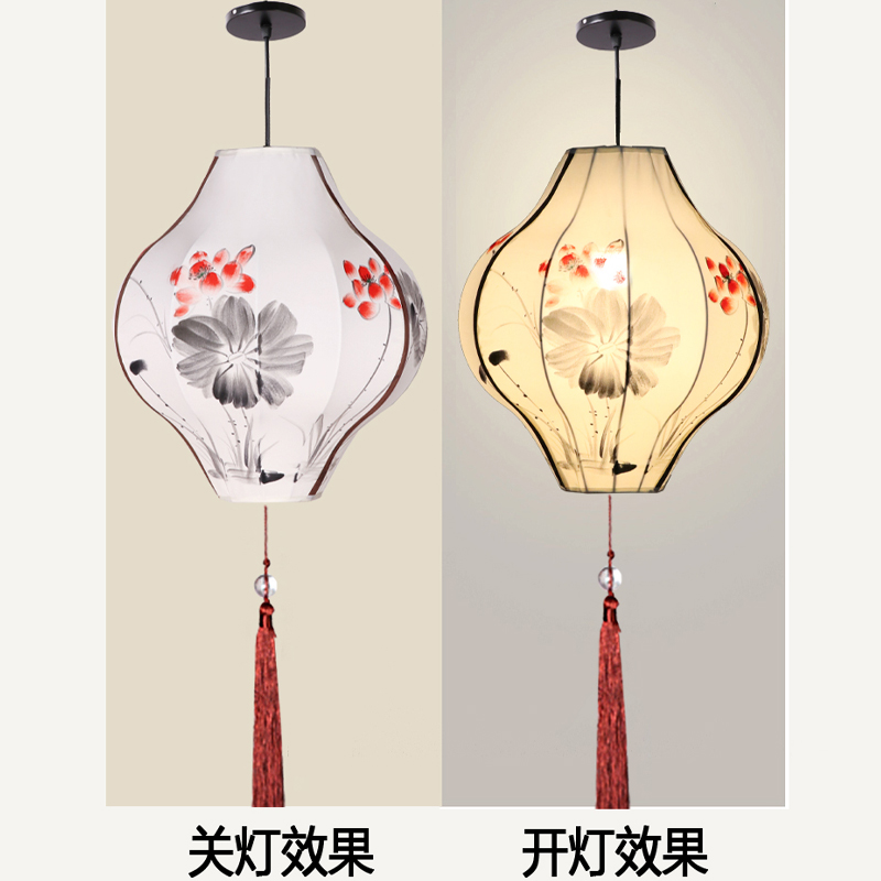 中式腰鼓布艺吊灯火锅店茶楼酒店古典灯具中国风仿古手绘红灯笼